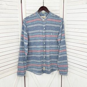 Hollister Striped Linen Button Shirt Blue Small Collarless Long Sleeve